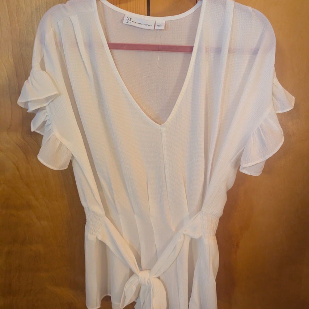 New York & Company Cream Tie Front Ruffled Blouse